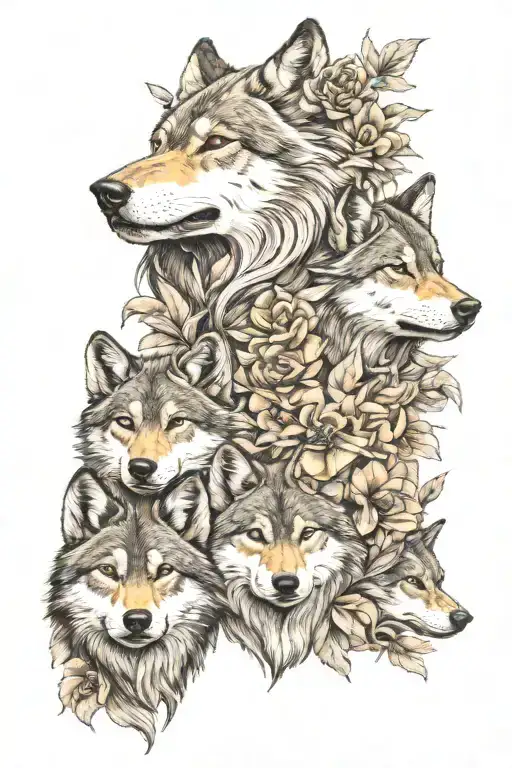 Mom Wolf And 4 Wolf Cubs Face Only With Flowers Intertwined