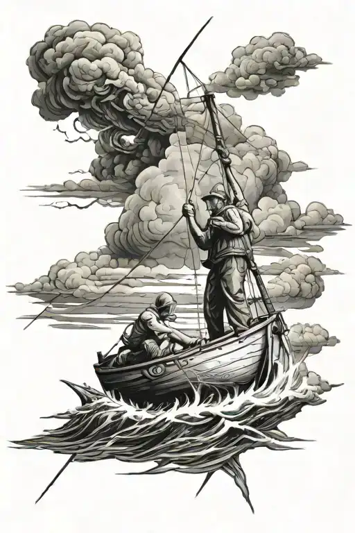 Fishing Man On A Boat Sailing Storm Clouds