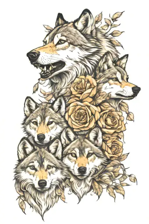 Wolf And 4 Wolf Cubs Face Only With Flowers Intertwined