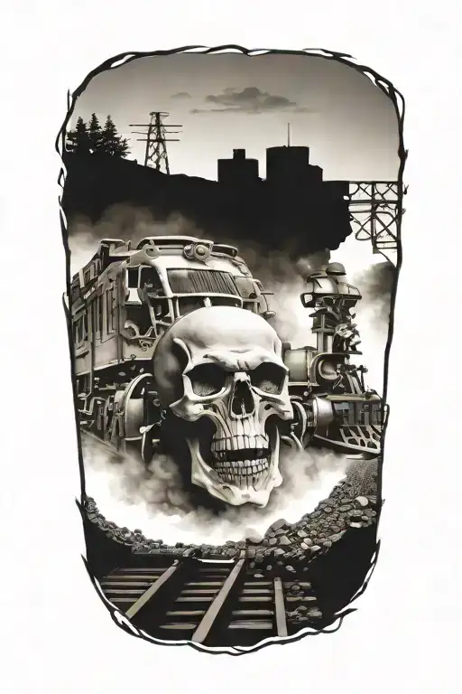 Railroad Train Tracks Going Into The Distance With Evil Skulls And Harley Davidson Engine Parts