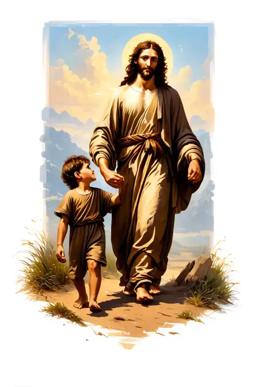 Jesus Walking Beside A Little Boy With Curly Hair Holding Hands