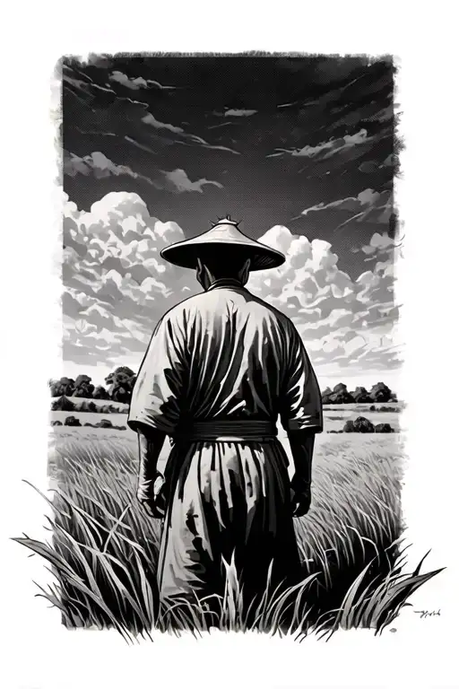 Old Chinese Farmer In A Field Facing Away Black And Gray