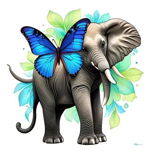 Elephant And Butterfly With Blue And Green Ribbons In Body Of Butterfly