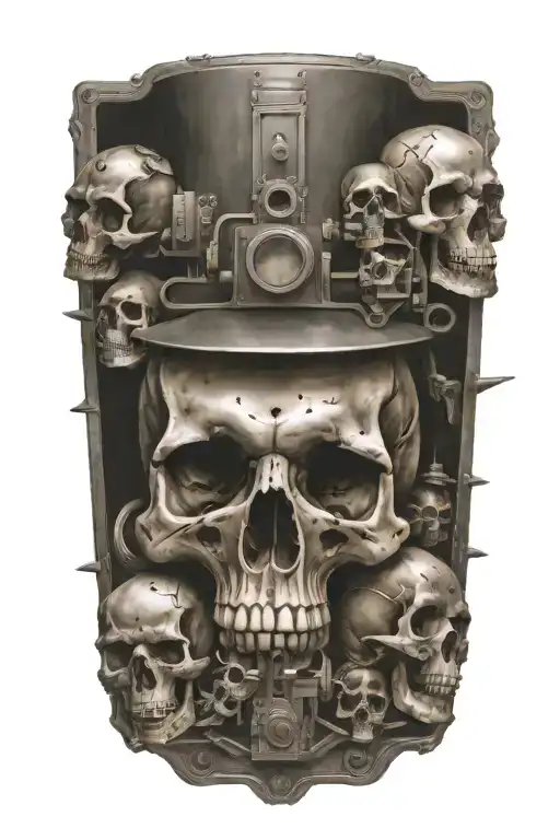 Railroad Train Travelling Through A Group Of Skulls Surrounded By Engine Parts