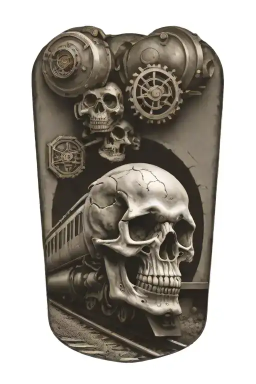 Railroad Train Tracks Going Into The Distance With Skulls And Harley Davidson Engine Parts