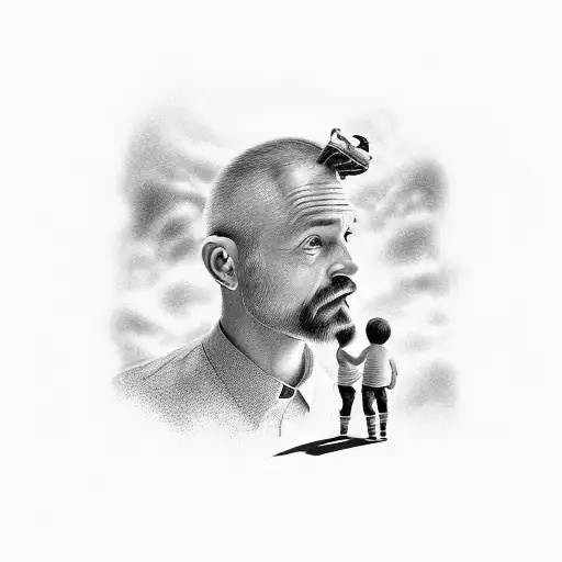 A Detailed Portrait Of A Father And Son Walking On A Staircase To The Heavens