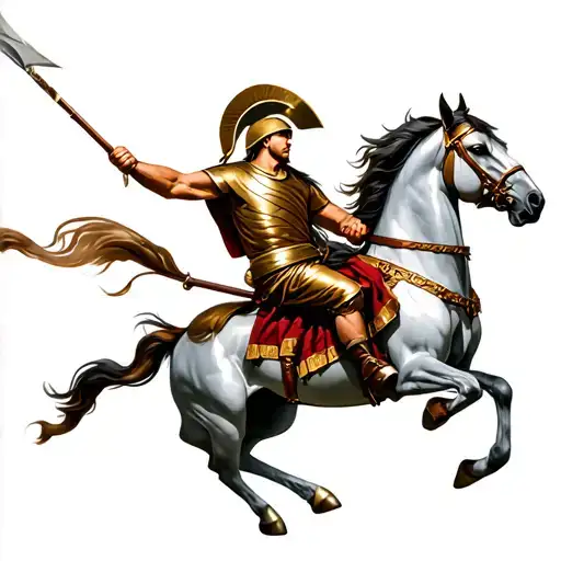Achilles With A Spartan Hat On A Horse About To Throw A Spear