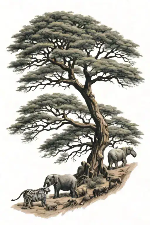 Acacia Tree With 6 Small African Animals Underneath