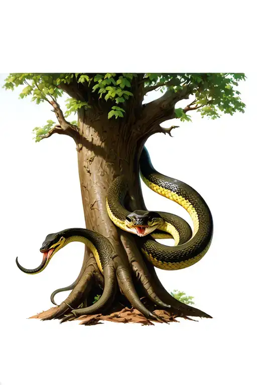 The Snake Crawls To A Large Tree