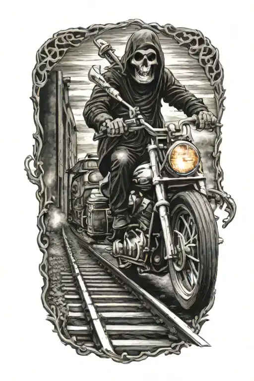 Grim Reaper Riding An Evil Railroad Track With Harley Engines