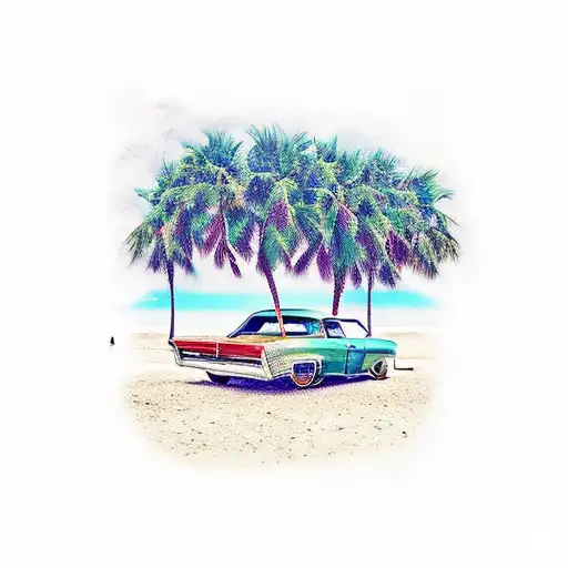 Low Rider Car Palm Tree Miami Landscape Peoples Beach Street Color Realistic
