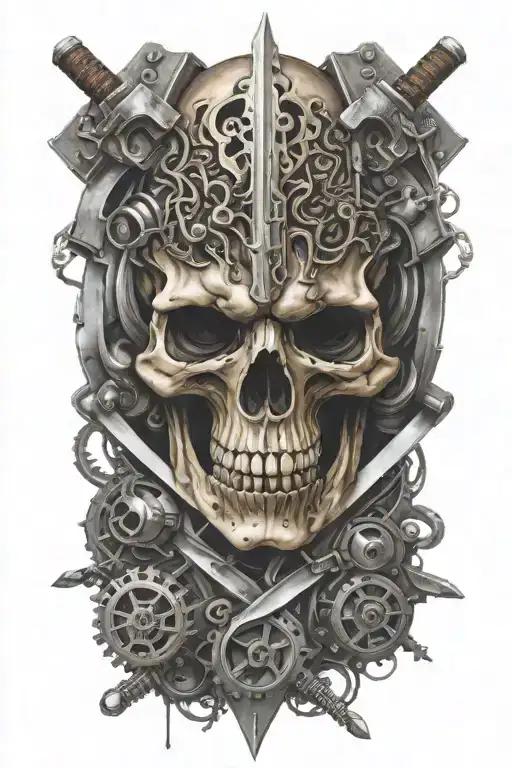 Evil Skull And Swords Surrounded By Engine Parts