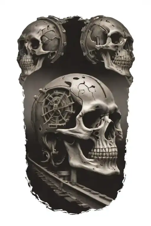 Railroad Train Tracks Going Into The Distance With Skulls And Harley Davidson Engine Parts