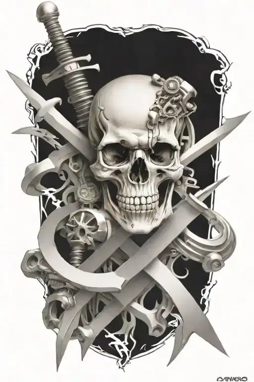 Evil Skull And Swords Surrounded By Engine Parts Incorporated