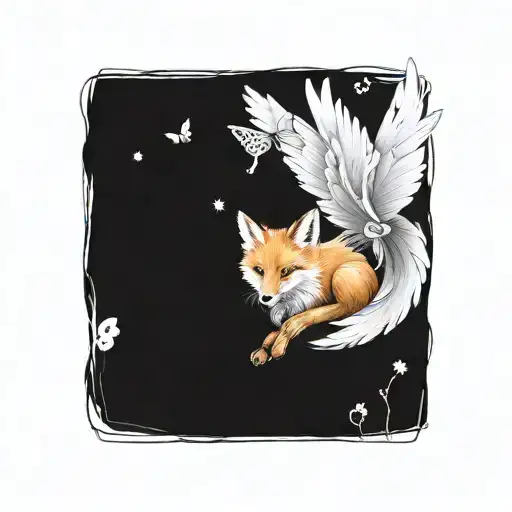 Small Fox With Angel Wings And Butterfly Flying Away