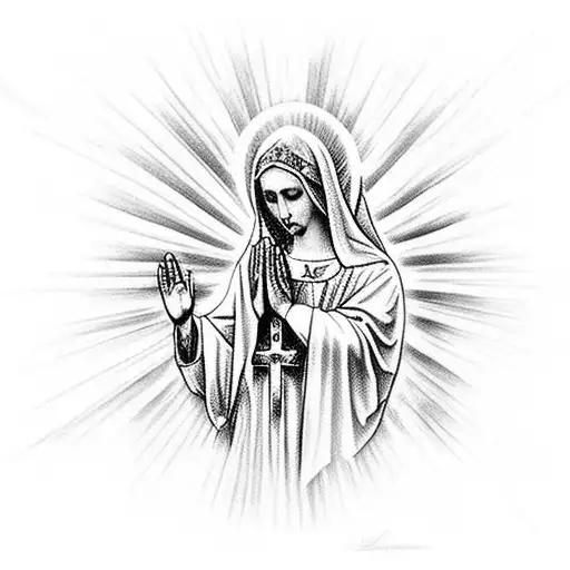 Virgin Mary Praying Above Heavens Gates With Sun Rays