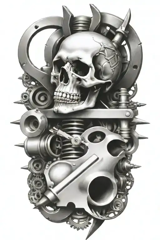 Evil Skull And Swords Surrounded By Engine Parts Incorporated