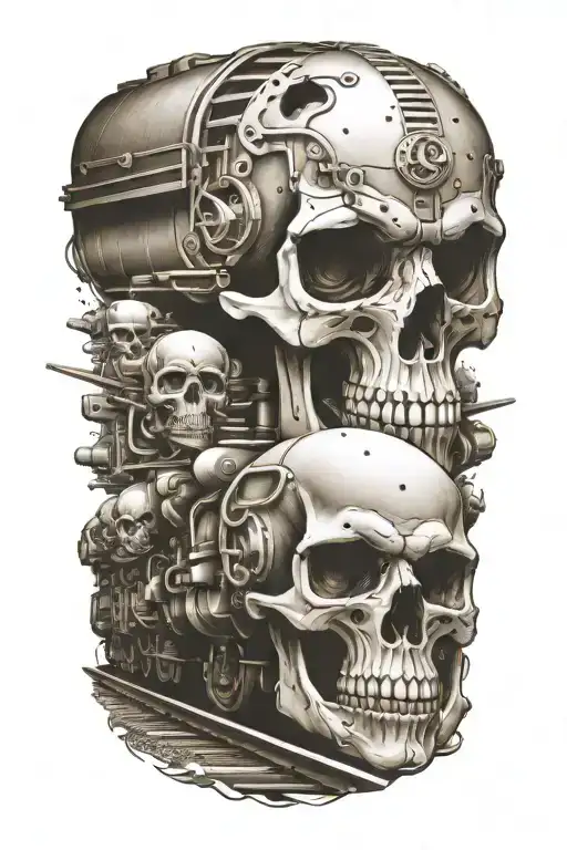 Railroad Train Tracks Going Into The Distance With Evil Skulls And Harley Davidson Engine Parts