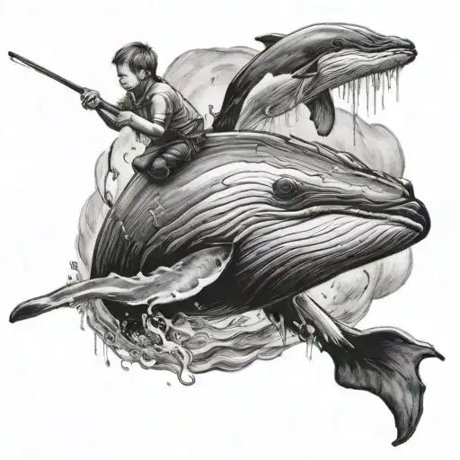 Boy Fishing Whale With Fishing Rod