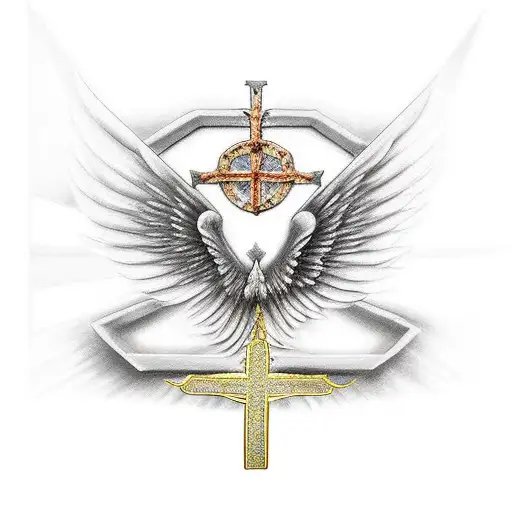 Christian Cross With One Angel Wing And One Demon Wing
