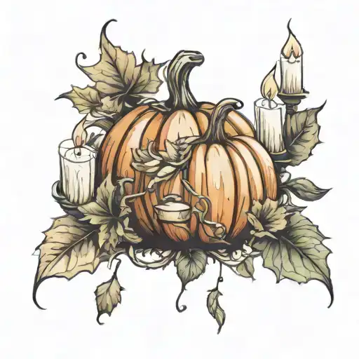 Autumn Pumpkin And Leaves Intertwined With Candles