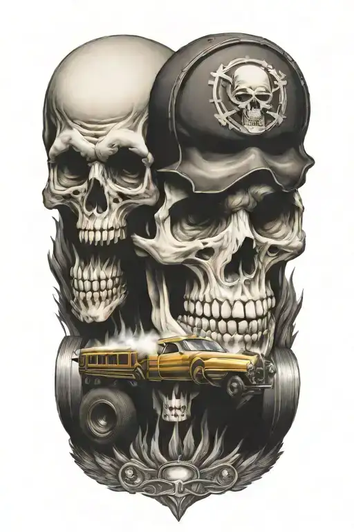 Hot Rod Train Travelling Across A Road Of Evil Skulls