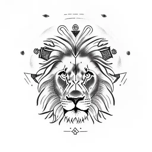 Right Side Of Lion Face With A Spear In The Middle And Planets On The Left Side