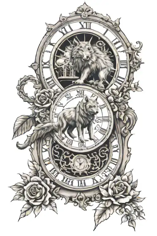 Dire Wolf Protecting Flowers Around A Clock Tower With Rune Text