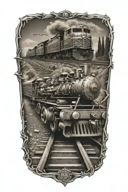 Railroad Train Tracks Going Into The Distance With Evil Skulls And Harley Davidson Engine Parts