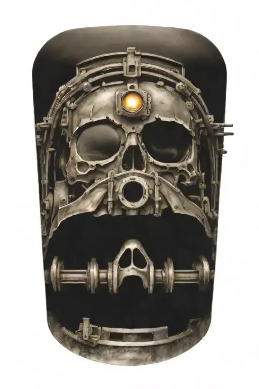 Railroad Train Tracks Going Into The Distance With Skulls And Harley Davidson Engine Parts