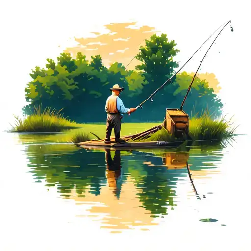 Kid Fishing Next To A Pond With His Grandfather Reflecting Into The Pond