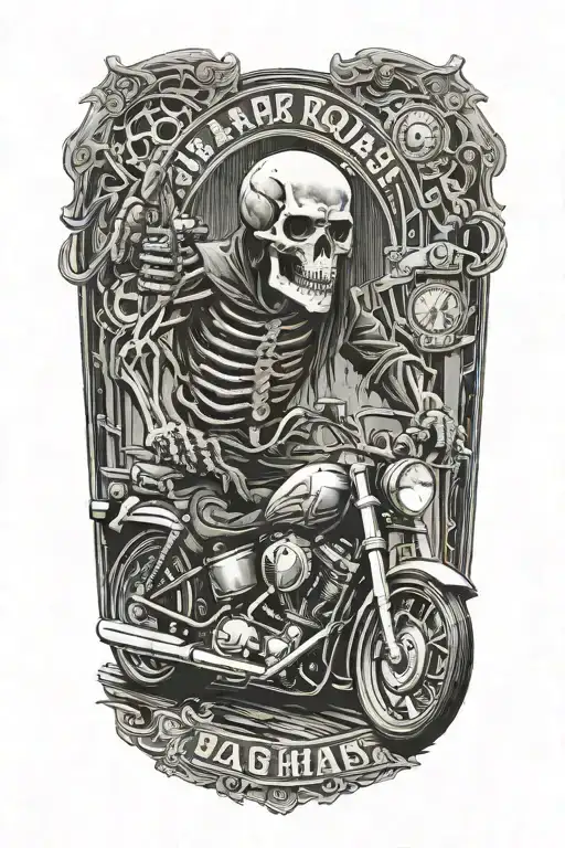 Railroad Tracks Circling The Right Side With One Grim Reaper Skull And Motorcycle Engines