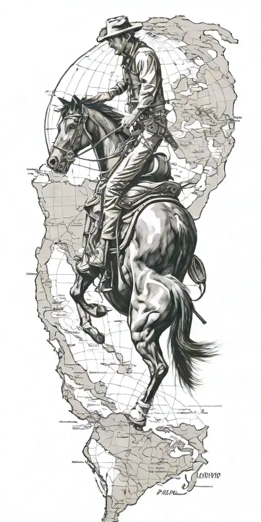 Cowboy Riding A Dark Horse Across A Map Of The World Made