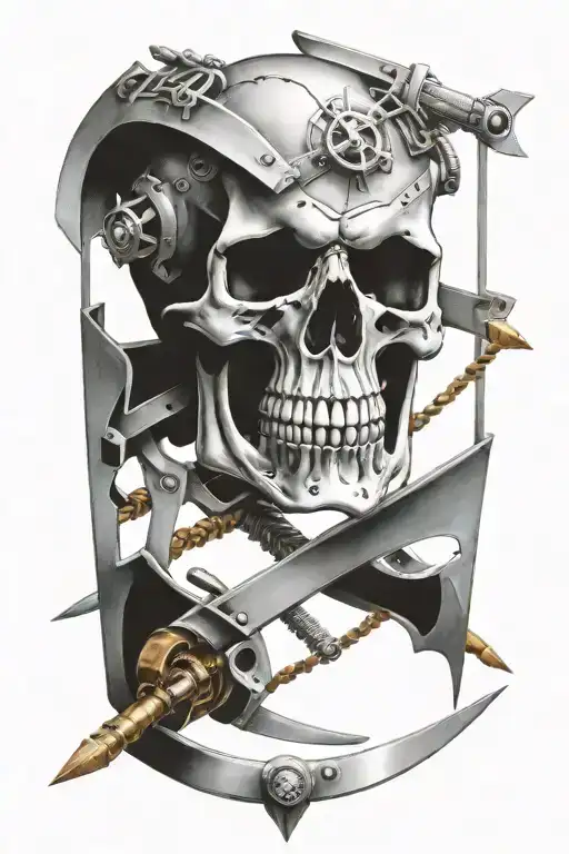 Evil Skull And Swords Surrounded By Engine Parts And A Harley