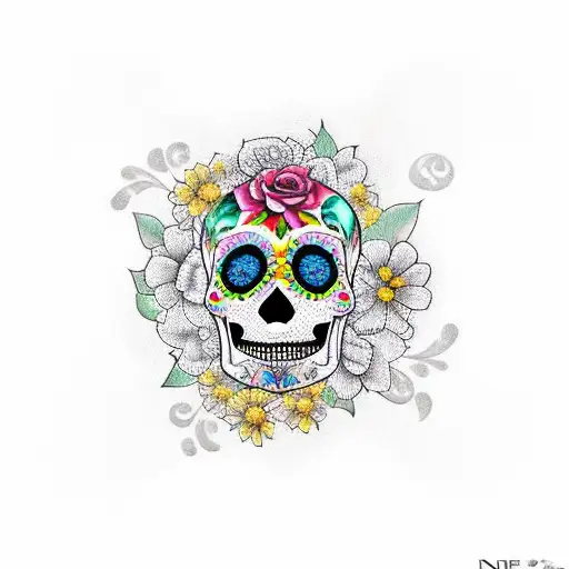 Realistic Sugar Skull Surrounded By Varieties Of Colorful Flowers