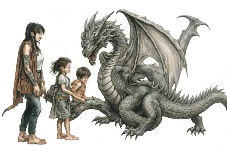 A Dragon Protecting A Family Of A Human Boy A Human Girl And Their Human Mother