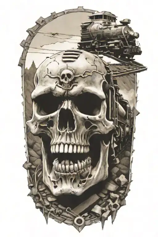 Railroad Train Tracks Going Into The Distance With Skulls And Horsepower Engine Parts