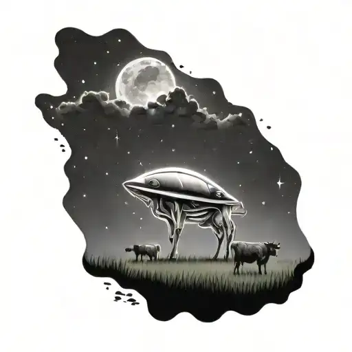 A Cow Peacefully Grazing Under A Mysterious Ufo Beam In A Dotwork Style