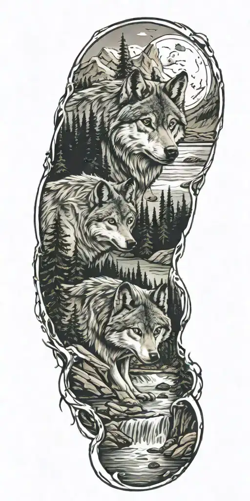 River Flowing Through Forest Leading Into Mountains With A Wolf