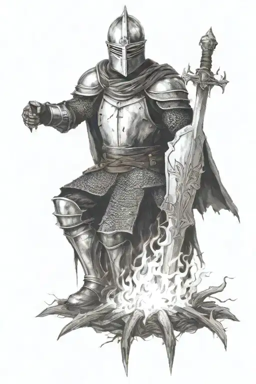 Dark Souls Knight Sitting In Fronf Of Bonfire Witn Sword In It