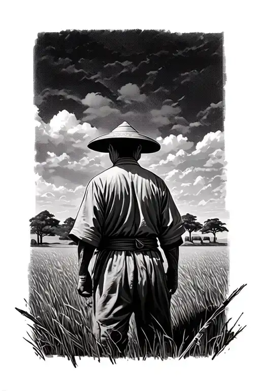 Old Chinese Farmer In A Field Facing Away Black And Gray