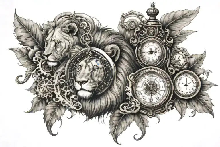Lion Head And Compass With Clock And Hourglass Heart Brain