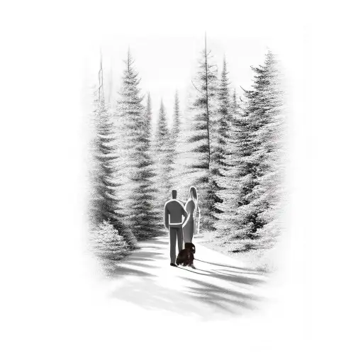 Redwood Forest Path And Couple With A Dog For Sleeve