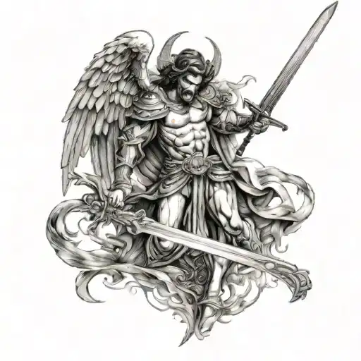 Screaming Angry Angel Michael Warrior Holding A Sword Stabing The Devil