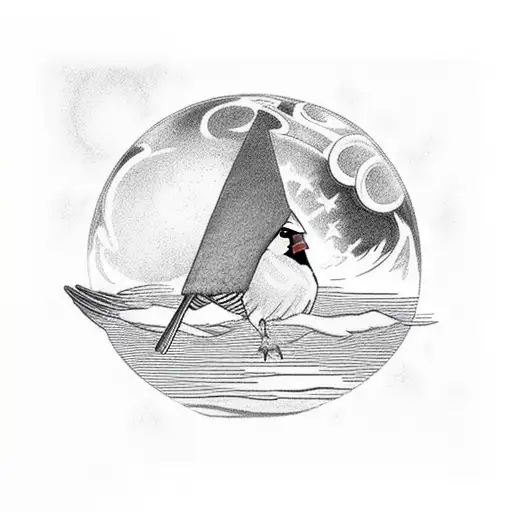 A Majestic Cardinal Perched On A Crescent Moon Over A Serene Water Landscape