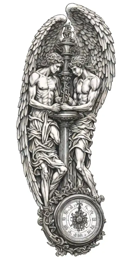 Two Angels Holding A Scale With Broken Hearts Inside