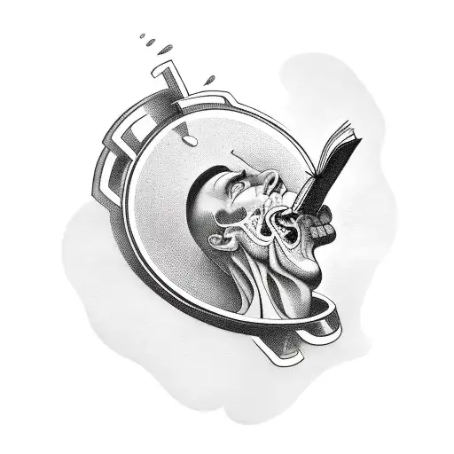 Muscular Bold Man Holding A Book In One Hand And The Other Hand Is Turned Upwards