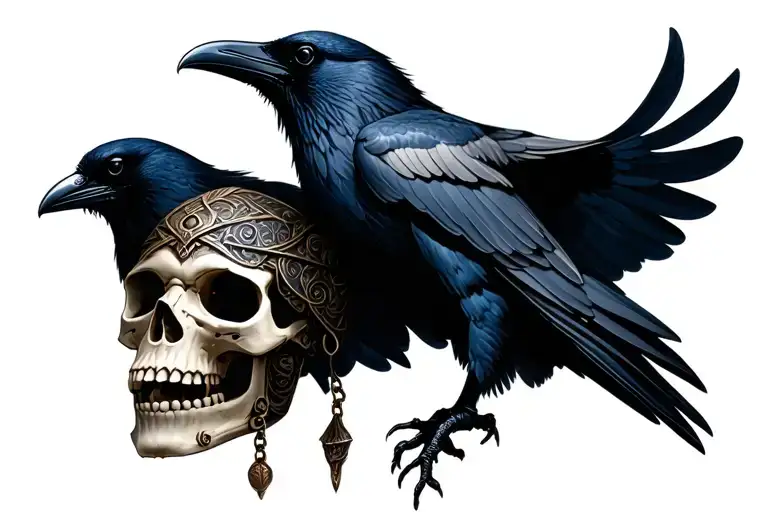Cowled Skull Wearing A Mask Hanging From A Spine Carried By A Raven