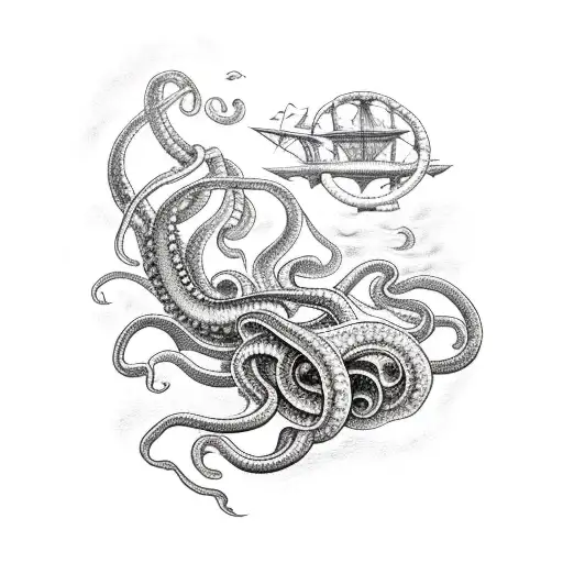 A Kraken Pulling A Ship Under The Sea