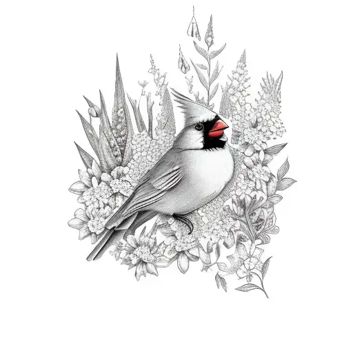 Cardinal And Hummingbird With Flowers